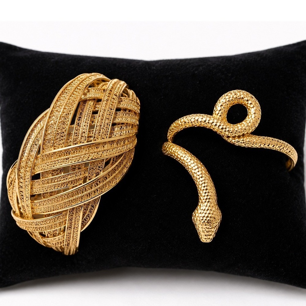 Gold Tone Statement Bracelet Set Woven Mesh Cuff and Serpent Snake Wrap Jewelry